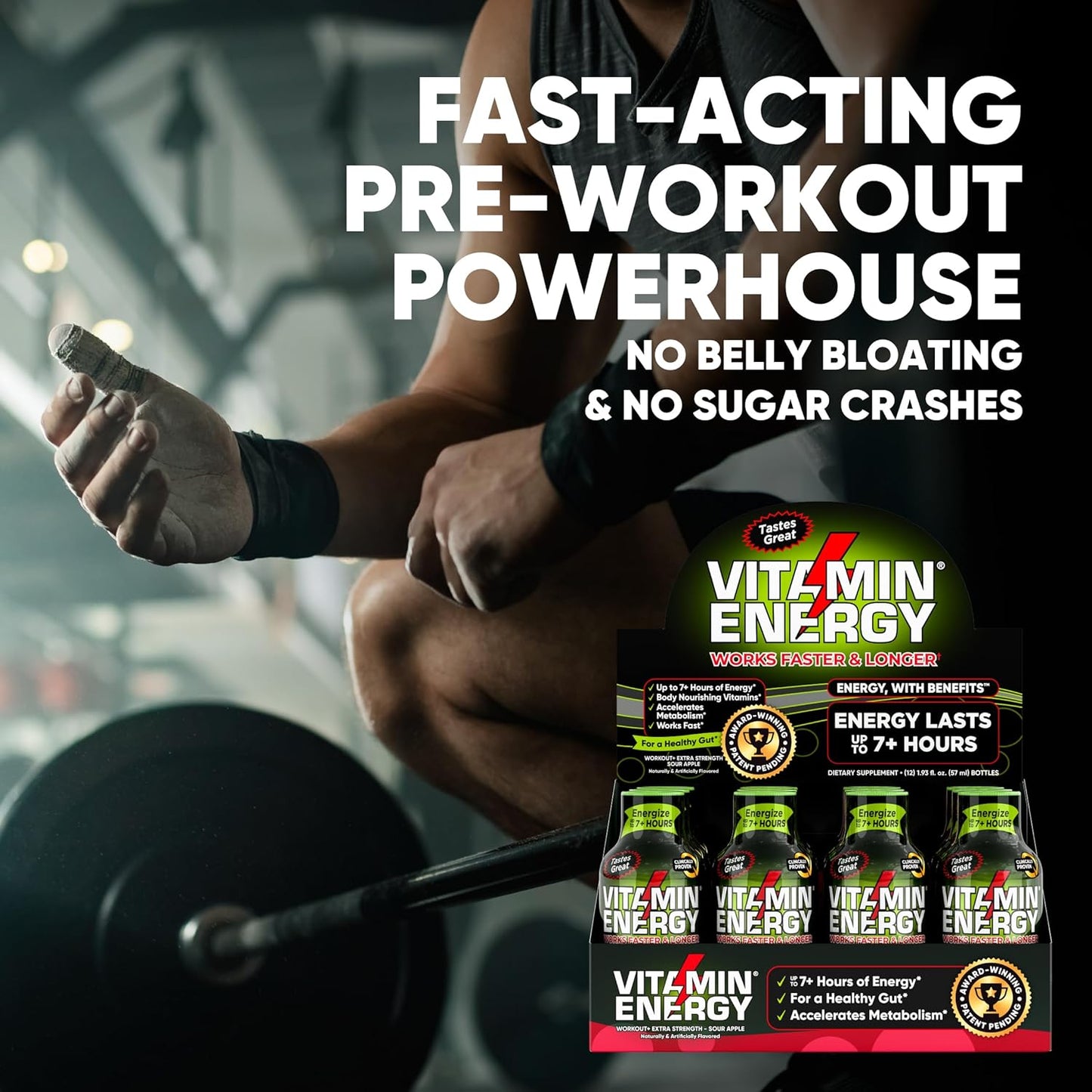 Keto-Friendly Sugar-Free Pre Workout Shots with Green Tea Caffeine for Long-Lasting Energy - Sour Apple (Pack of 12)