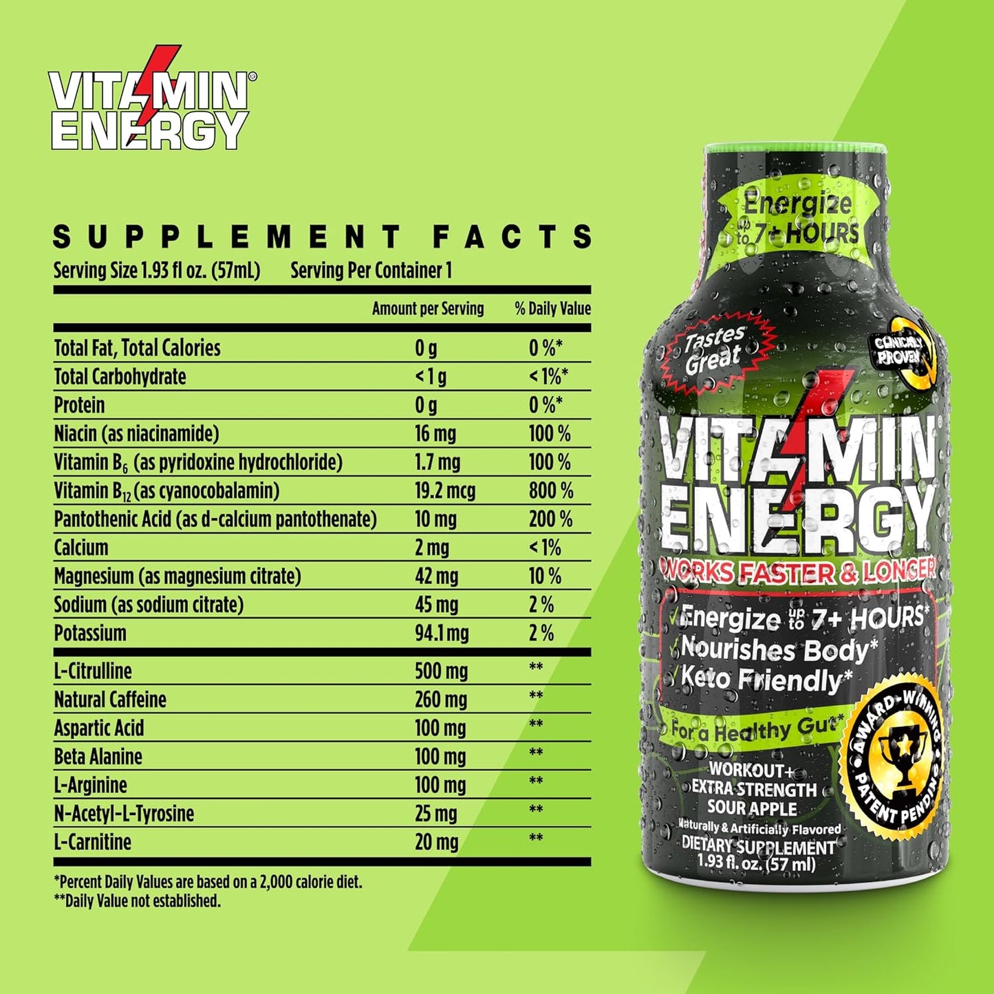 Keto-Friendly Sugar-Free Pre Workout Shots with Green Tea Caffeine for Long-Lasting Energy - Sour Apple (Pack of 12)