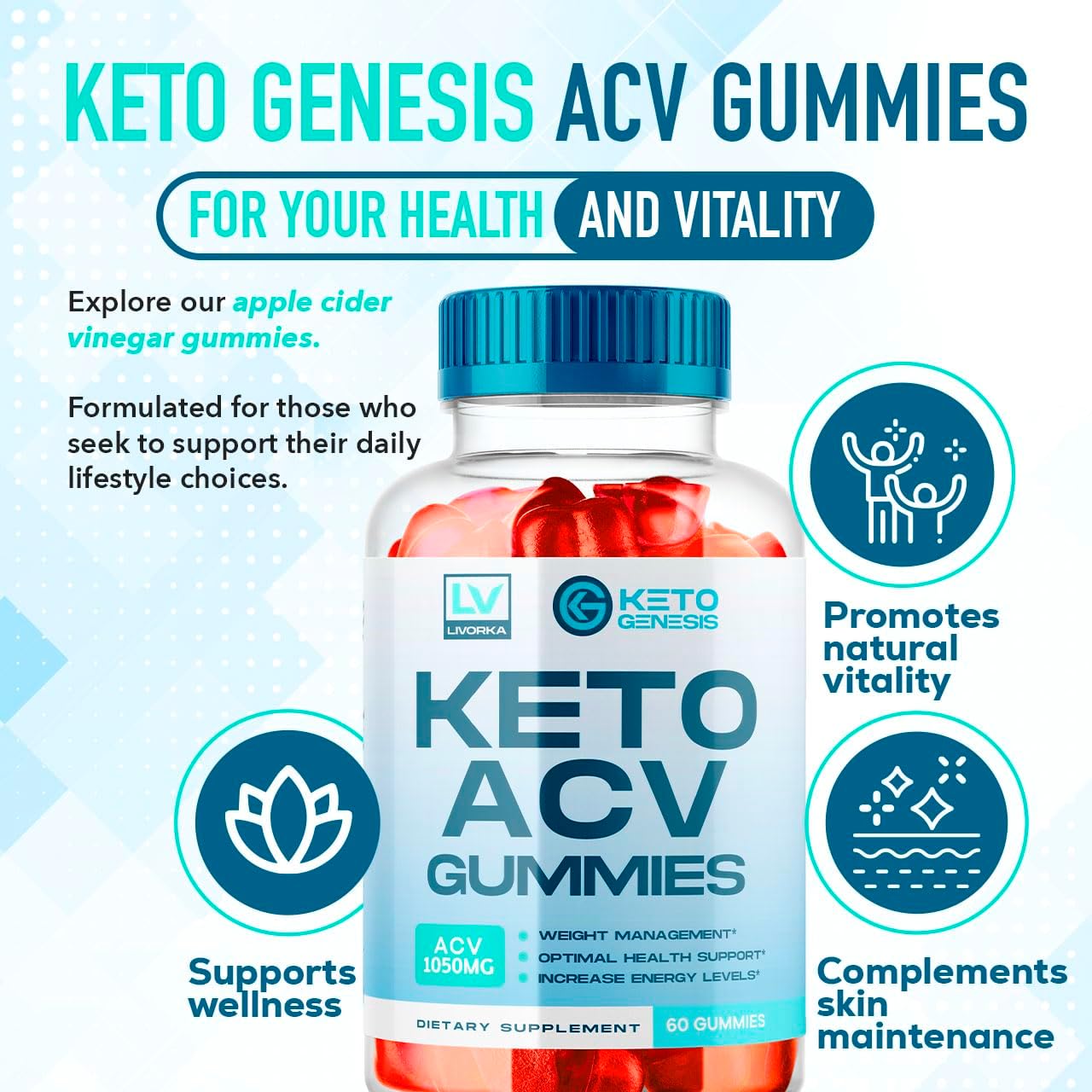 Keto Genesis ACV Gummies for Advanced Slimming Formula - 1050mg Supplement for Ketogenesis - 1 Month Supply