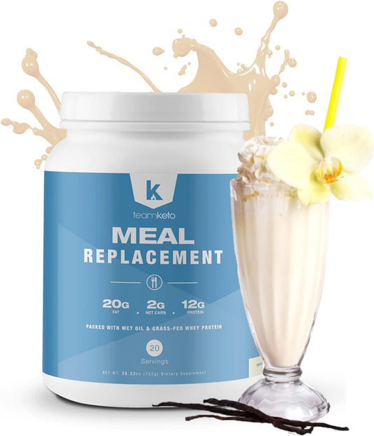 Keto Meal Replacement Powder with MCT Powder, Grass-fed Whey Protein, Coconut Oil - Gluten Free, Low Carbs, Energy Boost - 742g Vanilla Flavor