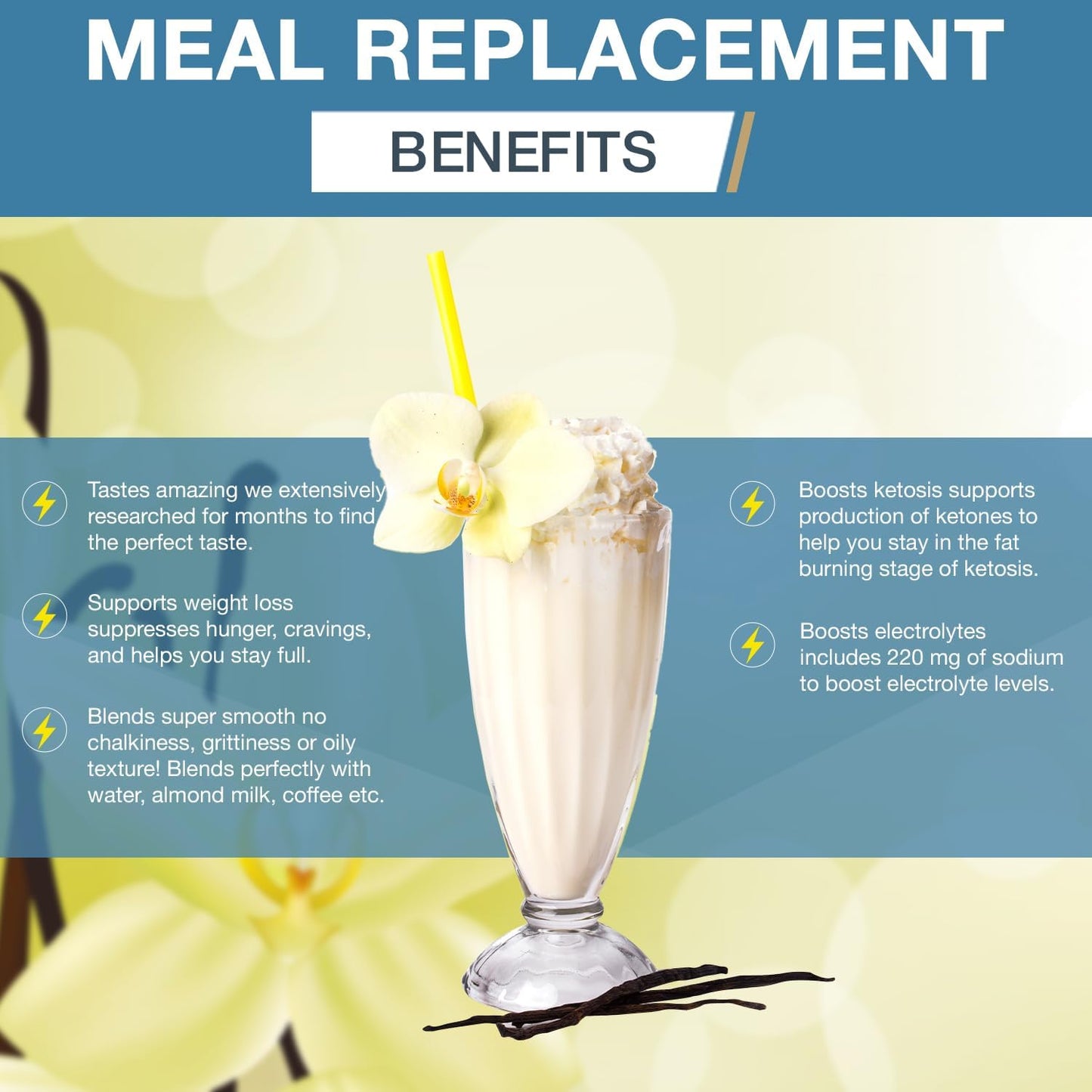 Keto Meal Replacement Powder with MCT Powder, Grass-fed Whey Protein, Coconut Oil - Gluten Free, Low Carbs, Energy Boost - 742g Vanilla Flavor