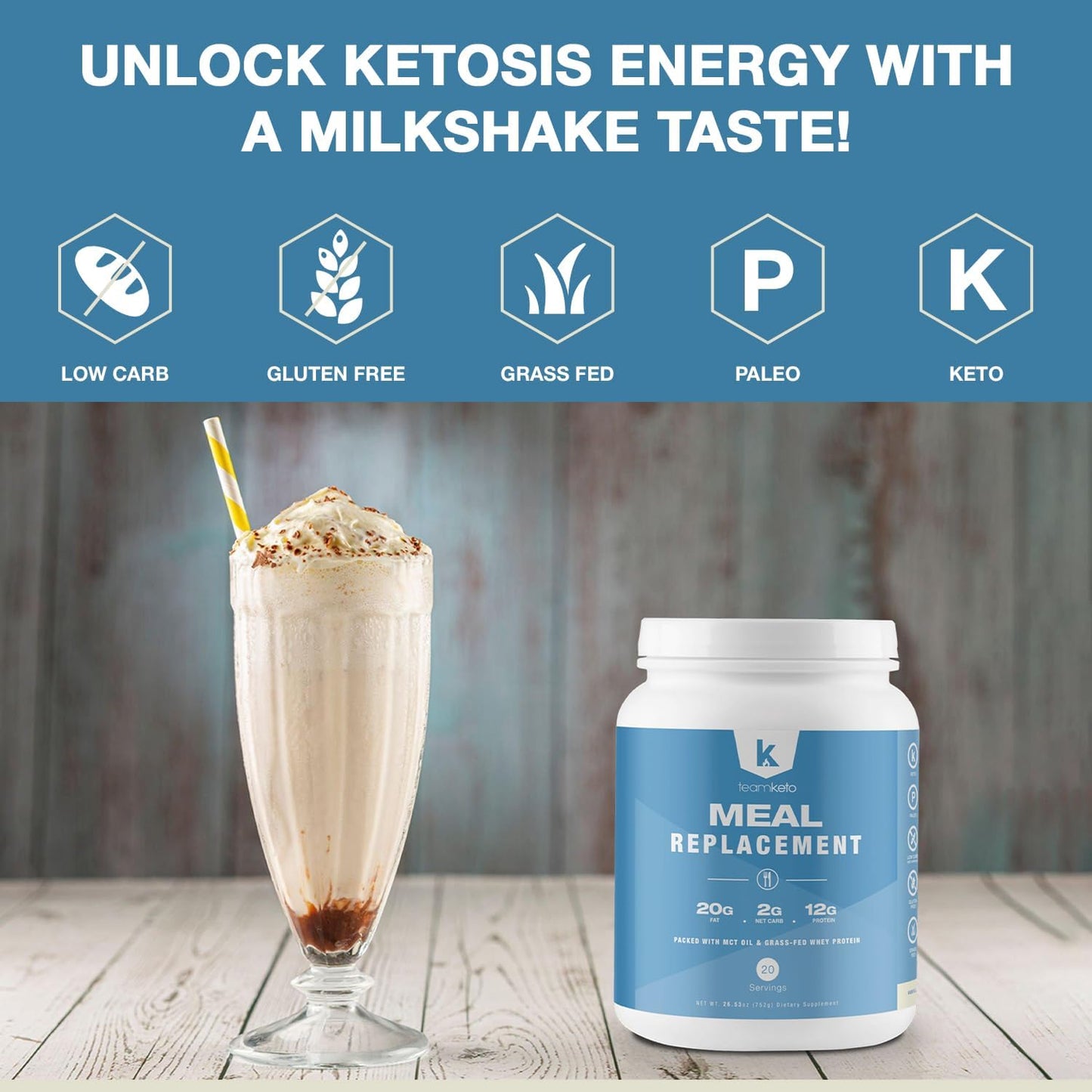 Keto Meal Replacement Powder with MCT Powder, Grass-fed Whey Protein, Coconut Oil - Gluten Free, Low Carbs, Energy Boost - 742g Vanilla Flavor