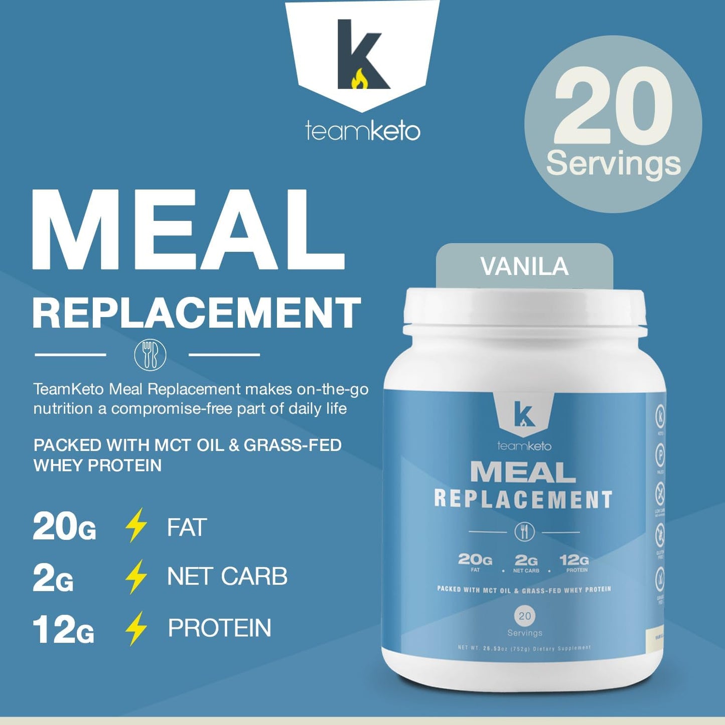 Keto Meal Replacement Powder with MCT Powder, Grass-fed Whey Protein, Coconut Oil - Gluten Free, Low Carbs, Energy Boost - 742g Vanilla Flavor