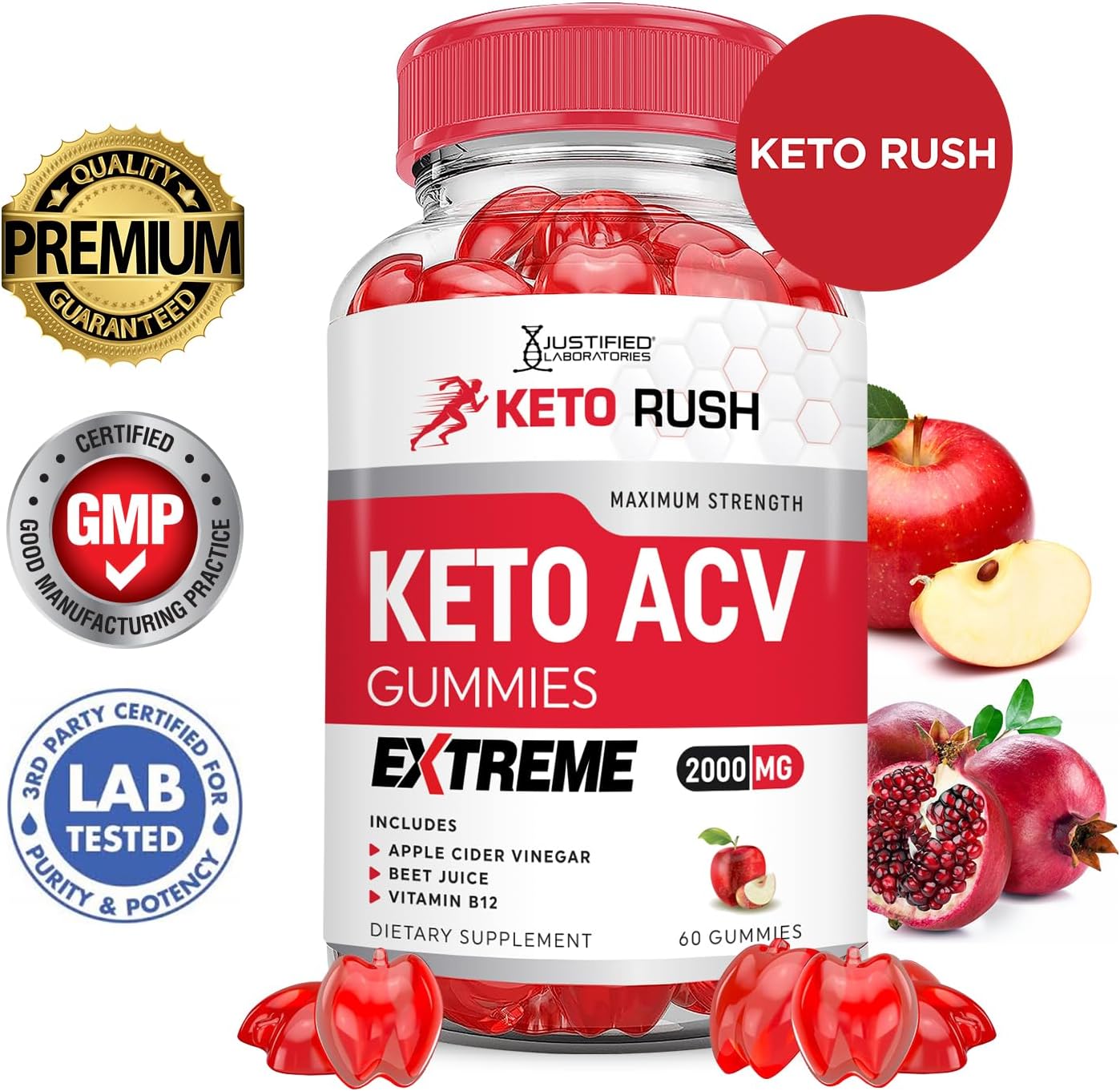 Keto Rush Keto ACV Gummies Extreme with Pomegranate Beet Juice Powder - 2000MG, B12, Vegan, Non GMO - 60 Gummies