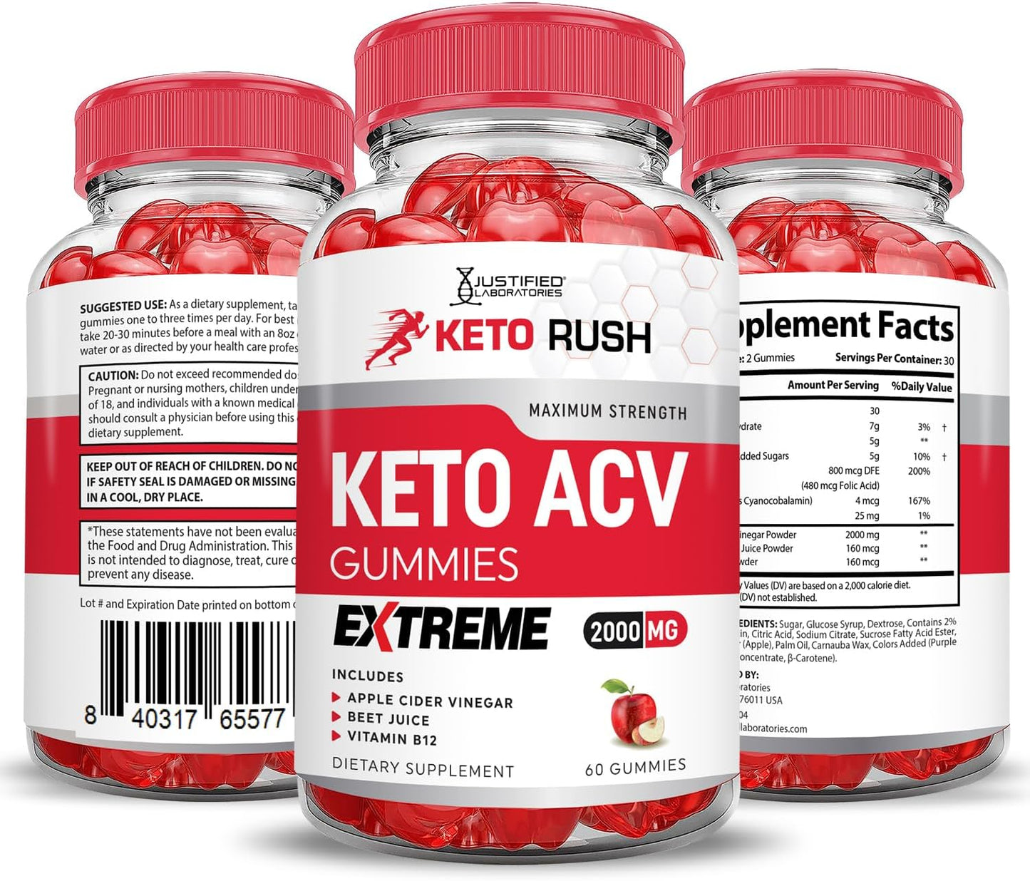 Keto Rush Keto ACV Gummies Extreme with Pomegranate Beet Juice Powder - 2000MG, B12, Vegan, Non GMO - 60 Gummies