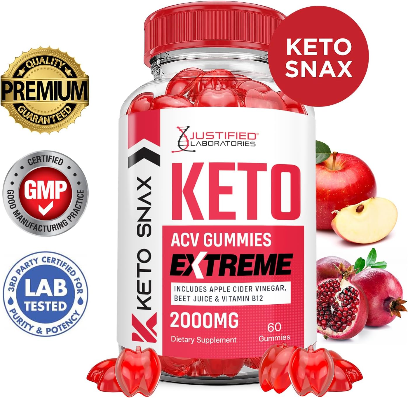 Keto Snax Apple Cider Vinegar Gummies 2000MG (2 Pack) - Pomegranate & Beet Juice, B12, Vegan, Non GMO