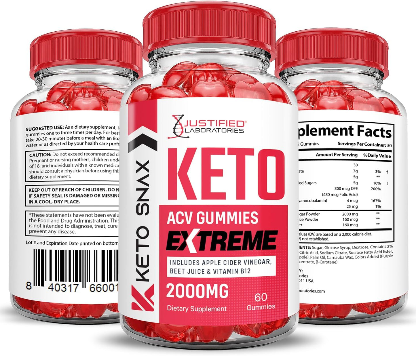 Keto Snax Apple Cider Vinegar Gummies 2000MG (2 Pack) - Pomegranate & Beet Juice, B12, Vegan, Non GMO
