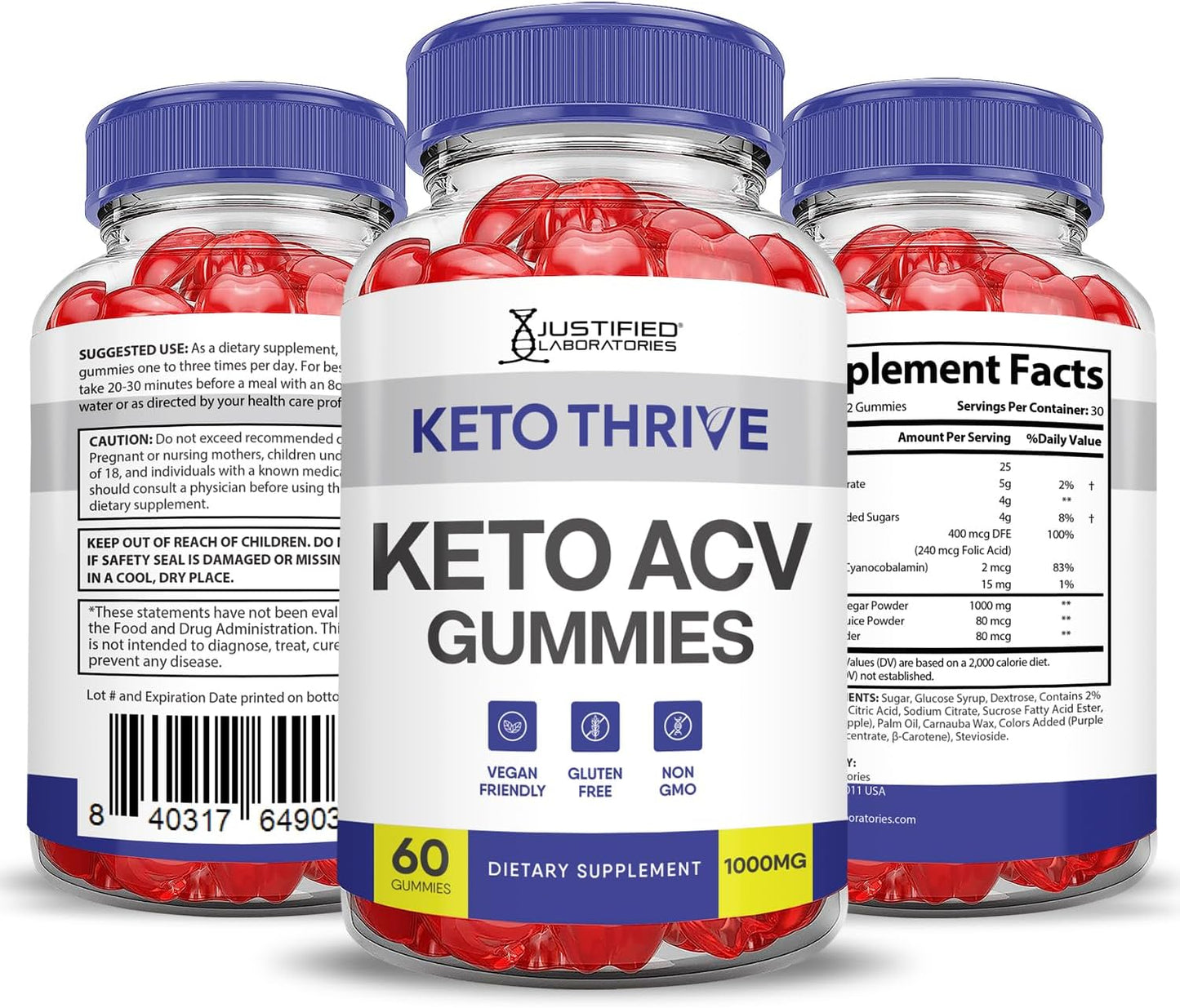 Keto Thrive Keto ACV Gummies 1000MG (3 Pack) - Apple Cider Vinegar with Pomegranate Beet Juice, B12, Vegan, Non GMO - 180 Gummies