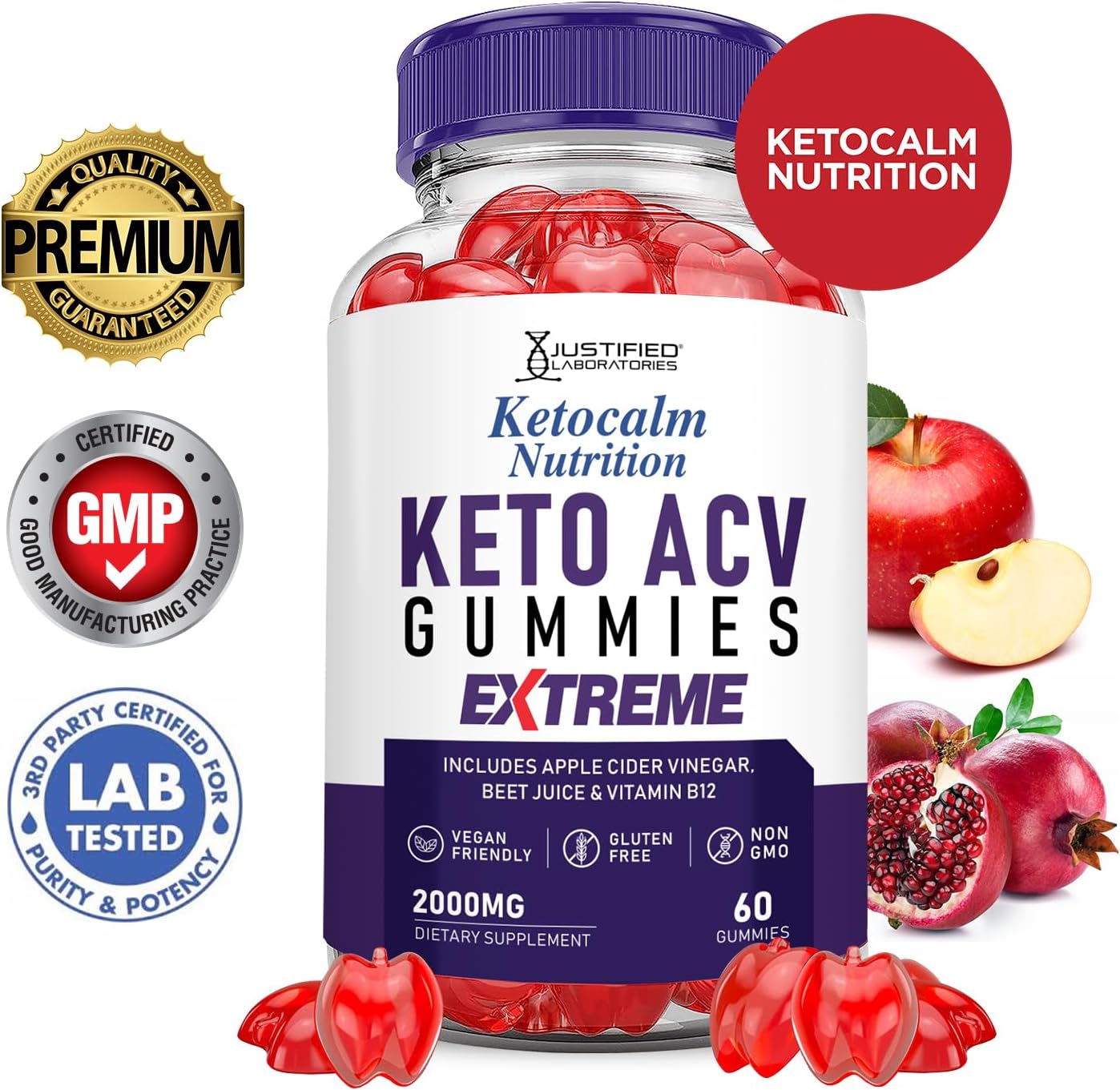 Ketocalm Nutrition Keto Gummies with Apple Cider Vinegar - 2000MG Extreme Formula with Pomegranate Beet Juice Powder - 60 Vegan Gummies