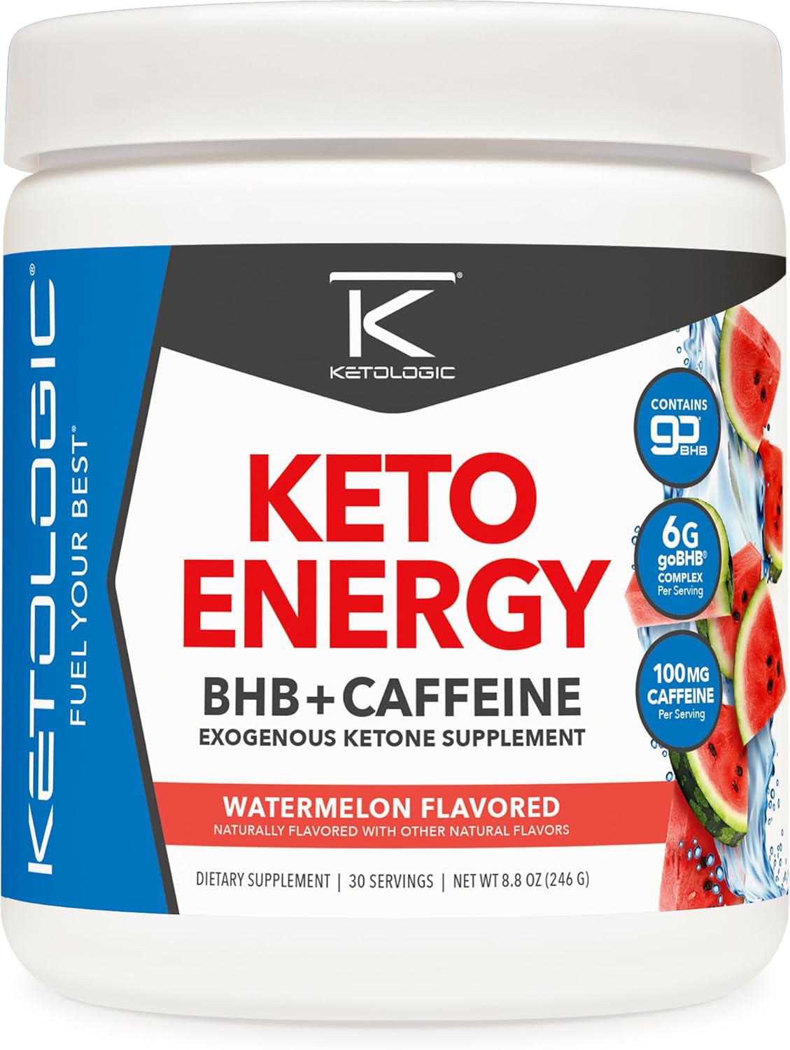 Ketologic KetoEnergy BHB Watermelon Supplement - 30 Servings, Exogenous Ketones + Caffeine for Energy Boost