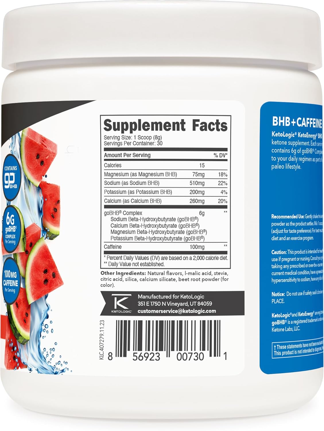 Ketologic KetoEnergy BHB Watermelon Supplement - 30 Servings, Exogenous Ketones + Caffeine for Energy Boost