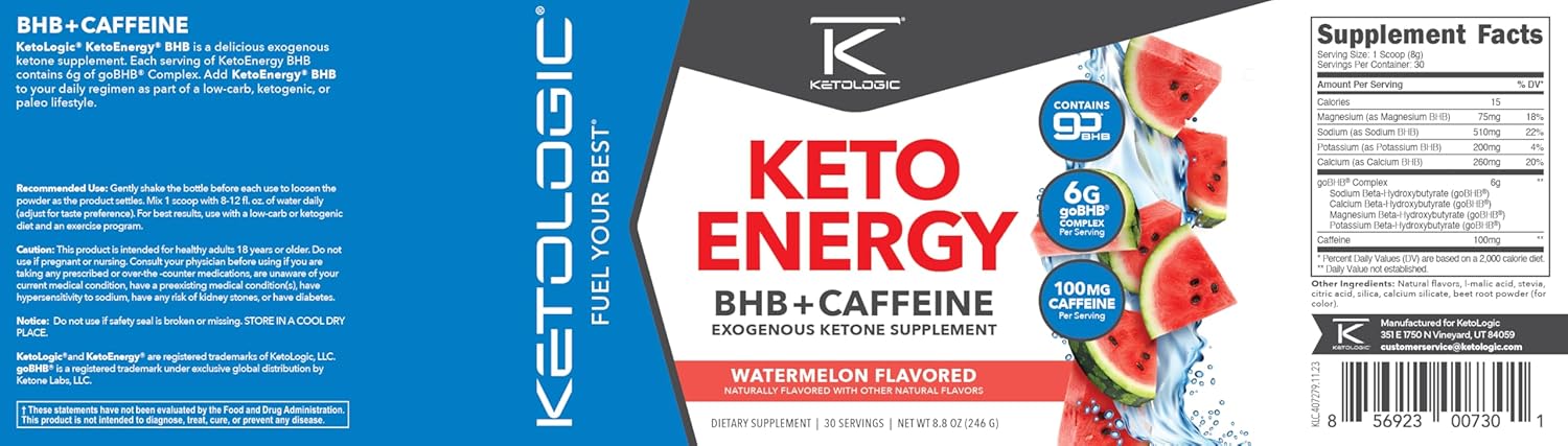 Ketologic KetoEnergy BHB Watermelon Supplement - 30 Servings, Exogenous Ketones + Caffeine for Energy Boost