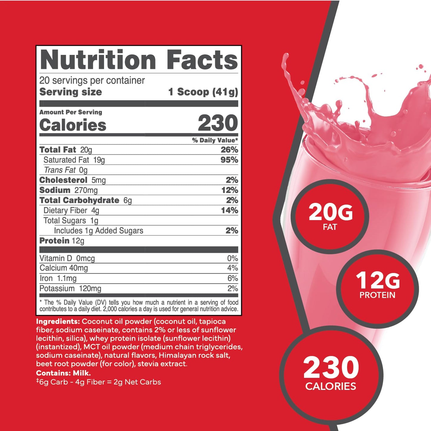KetoLogic Strawberry Keto Meal Replacement Shake Powder with MCT Oil and Grass-Fed Whey - Ideal Macros for Ketosis - 20 Servings