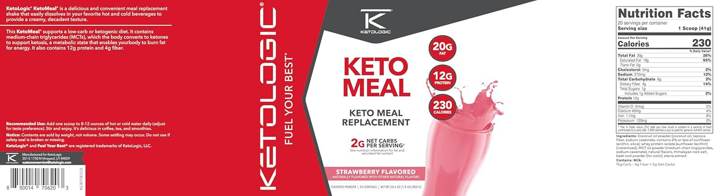 KetoLogic Strawberry Keto Meal Replacement Shake Powder with MCT Oil and Grass-Fed Whey - Ideal Macros for Ketosis - 20 Servings