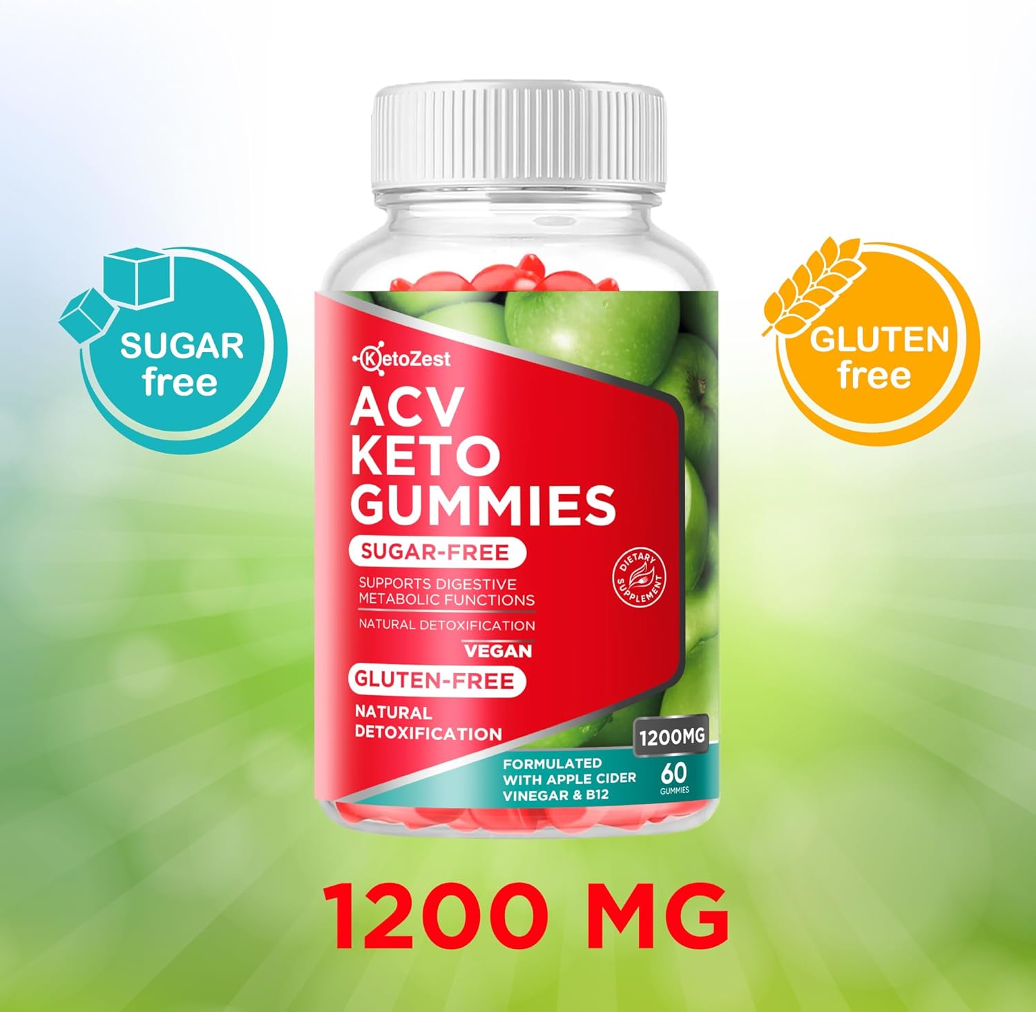 KetoZest Apple Cider Vinegar Gummies - 1200MG Sugar & Gluten Free Supplement for Women and Men