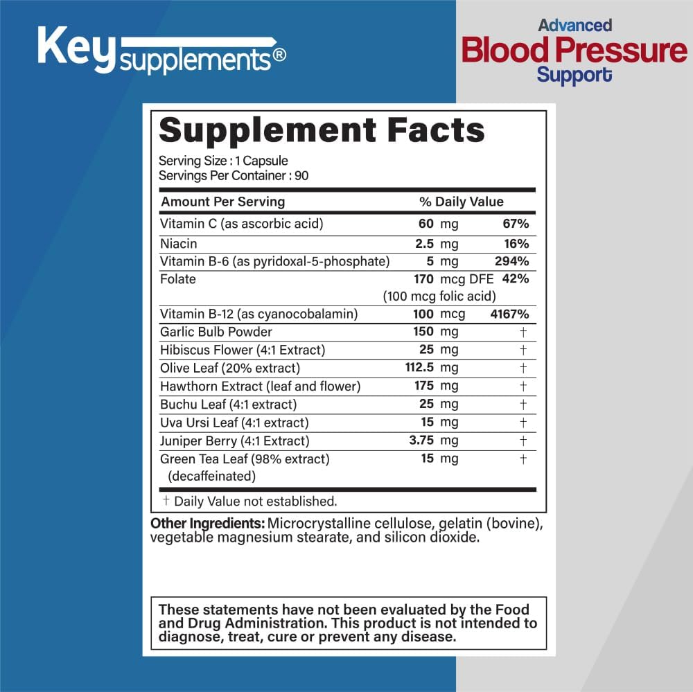 Key Supplements Blood Pressure Support Capsules with Niacin, Vitamin C, B6, B12, Garlic, Hibiscus, Olive Leaf - 90 Count