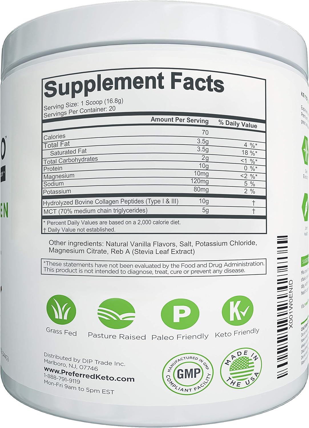 KEYTO Vanilla Keto Collagen Protein Powder with MCT Oil - Grass Fed & Pasture Raised Peptides - Low Carb & Paleo Friendly Supplement