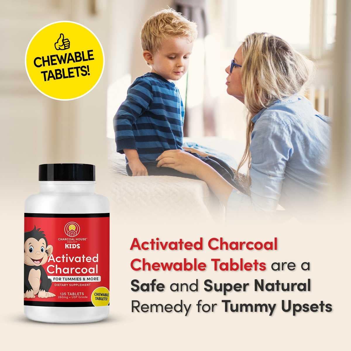 Kid-Friendly Chewable Activated Charcoal Tablets | Natural, Vegan, Non-GMO | Teeth, Stomach, Gas Relief | USP Food Grade | 135 ct.