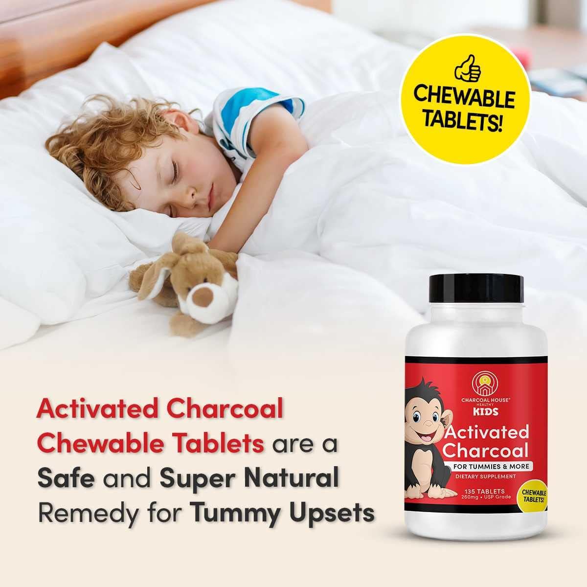 Kid-Friendly Chewable Activated Charcoal Tablets | Natural, Vegan, Non-GMO | Teeth, Stomach, Gas Relief | USP Food Grade | 135 ct.