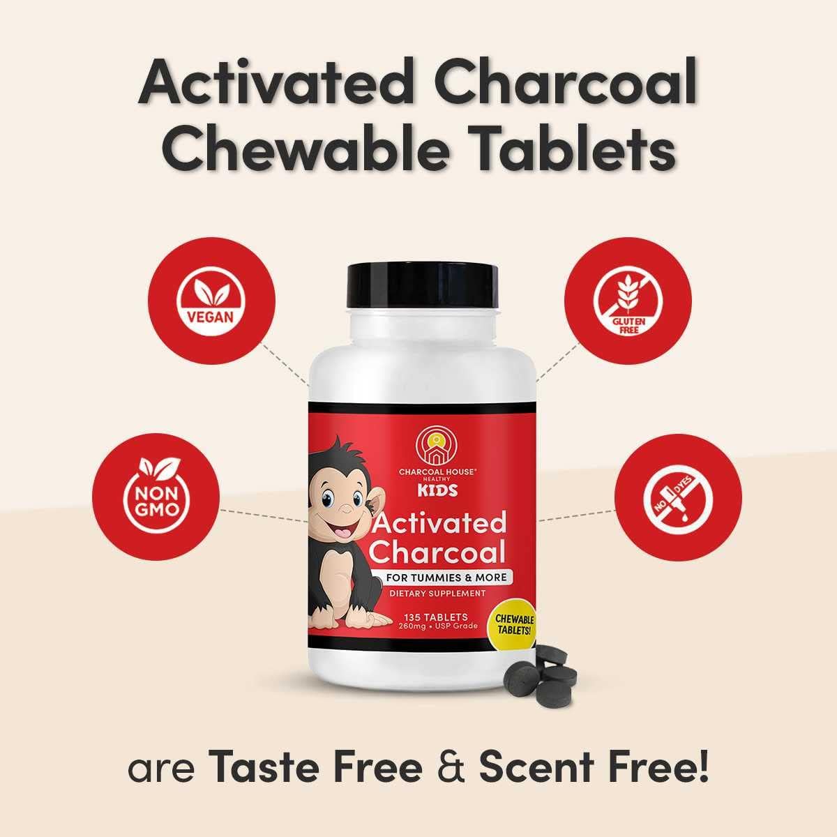 Kid-Friendly Chewable Activated Charcoal Tablets | Natural, Vegan, Non-GMO | Teeth, Stomach, Gas Relief | USP Food Grade | 135 ct.