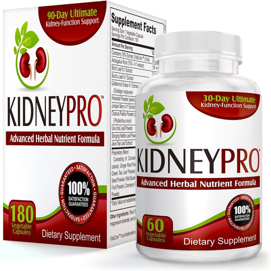 Kidney-Pro Total Support Supplement - 3 Month Supply - 21 Kidney Health Supplements in 1 Formula with Cranberry Extract - Kidney Cleanse Detox - 180 Capsules