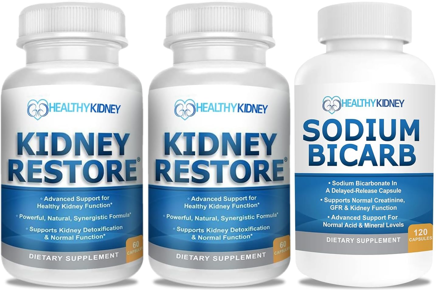 Kidney Restore Kidney Cleanse & Health Supplement 120 Pills, 2 Pack with Sodium Bicarbonate 650mg Capsules - Supports Normal Kidney Function