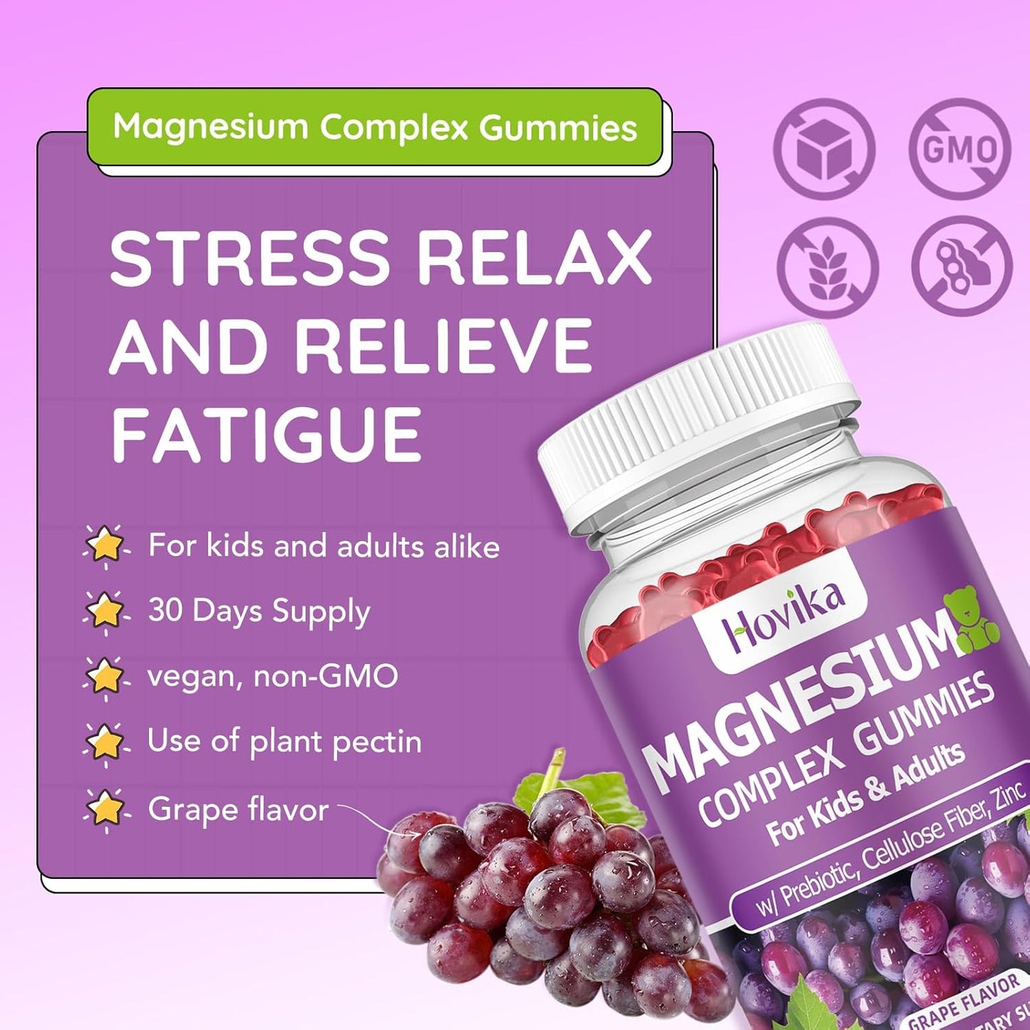 Kids & Adults Magnesium Gummies with Prebiotic & Zinc - Vegan Grape Flavor - 60 Count - Nerve, Bone, & Muscle Health Support