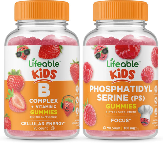 Kids B Complex and Phosphatidylserine (PS) Gummies Bundle - Tasty Vitamin Supplement for Kids, Gluten & GMO Free