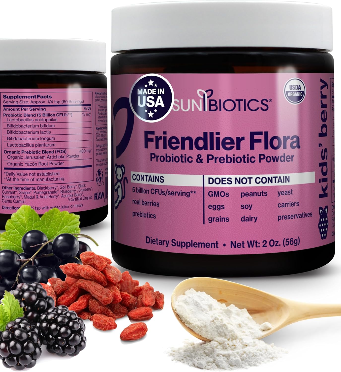 Kids Berry Probiotic & Prebiotic Powder Supplement - 5 Billion CFUs, 5 Strains - Gut & Immune Support - 2oz