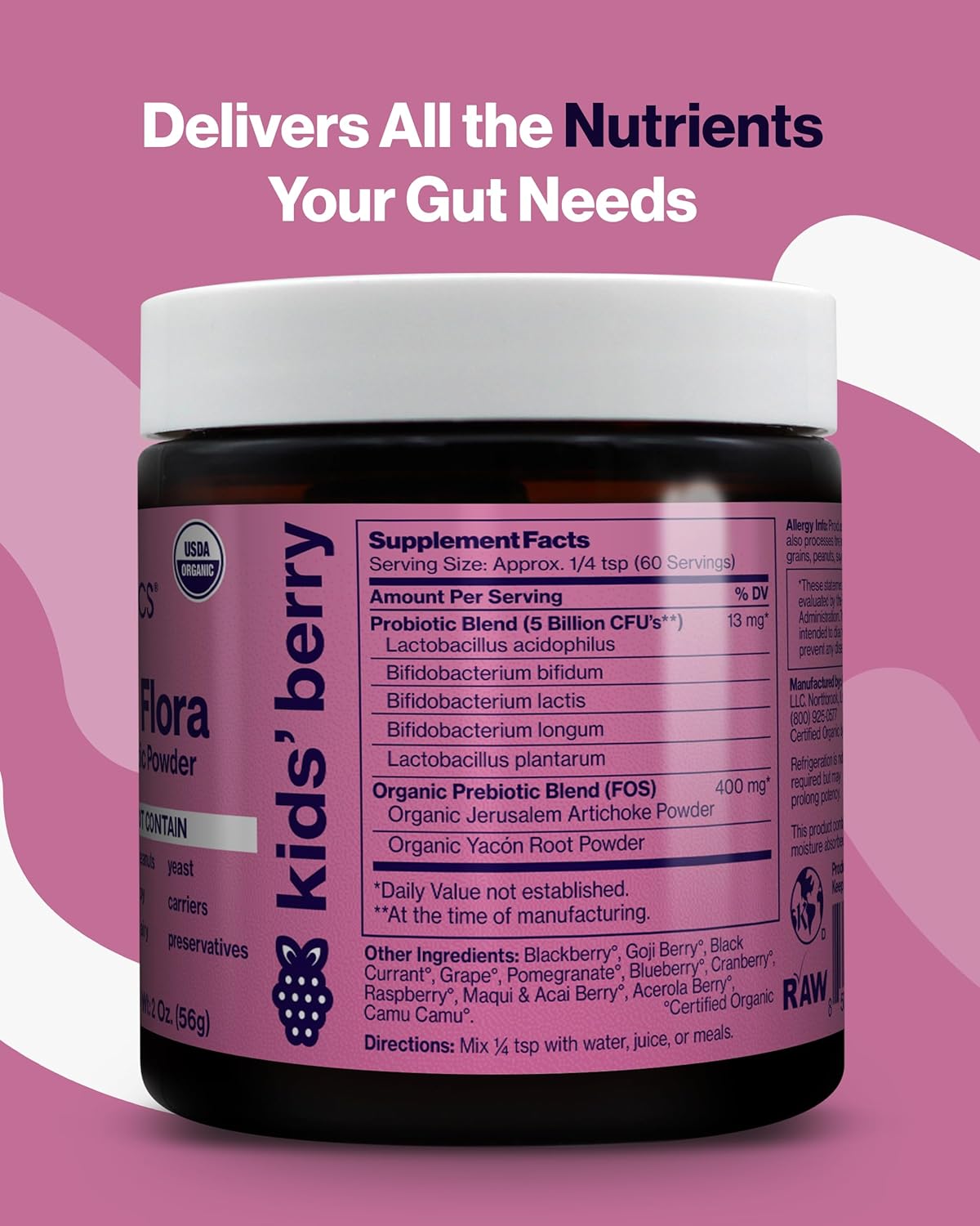 Kids Berry Probiotic & Prebiotic Powder Supplement - 5 Billion CFUs, 5 Strains - Gut & Immune Support - 2oz