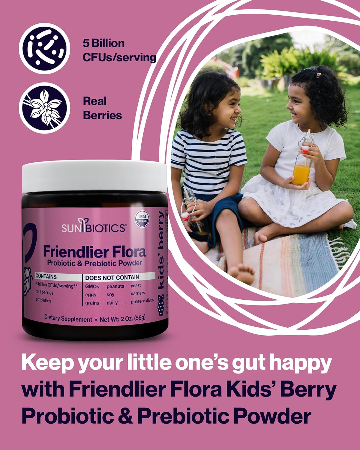 Kids Berry Probiotic & Prebiotic Powder Supplement - 5 Billion CFUs, 5 Strains - Gut & Immune Support - 2oz
