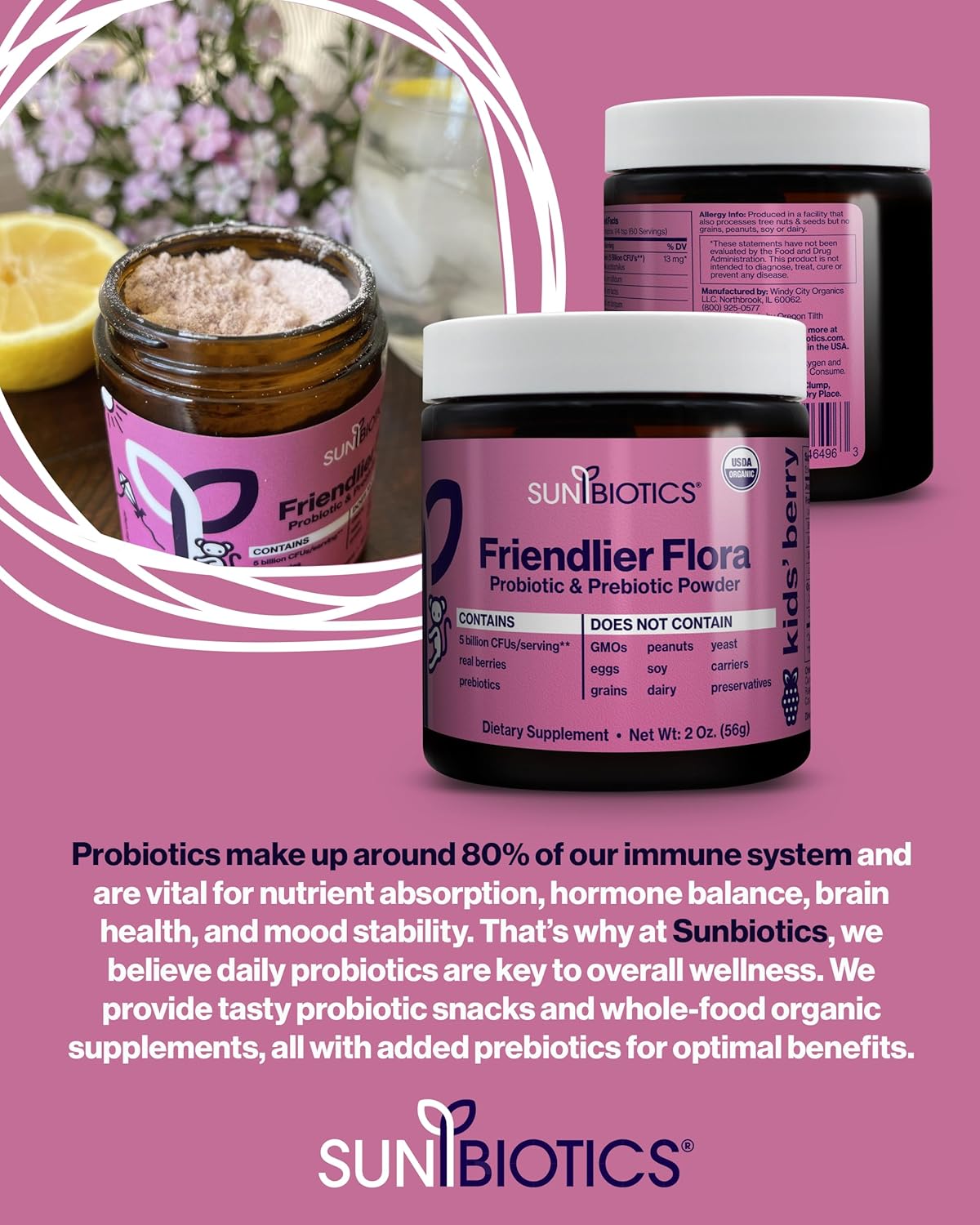Kids Berry Probiotic & Prebiotic Powder Supplement - 5 Billion CFUs, 5 Strains - Gut & Immune Support - 2oz