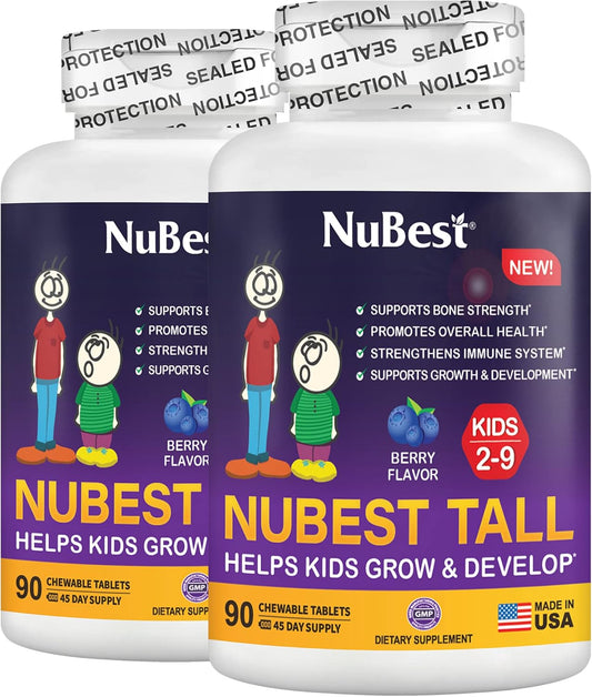 Kids' Bone Strength & Immunity Vitamins - NuBest Tall Kids - 90 Berry Tablets x 2 Pack for Ages 2-9 - Chewable Animal Shapes - Support Overall Health