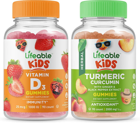 Kids Bundle: Vitamin D and Turmeric Curcumin Gummies - Chewable, Gluten-Free, GMO-Free, Great Tasting Supplement for Children