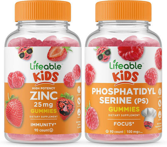 Kids Bundle: Zinc 25mg + Phosphatidylserine Gummies - Tasty Vitamin Supplement, Gluten & GMO Free