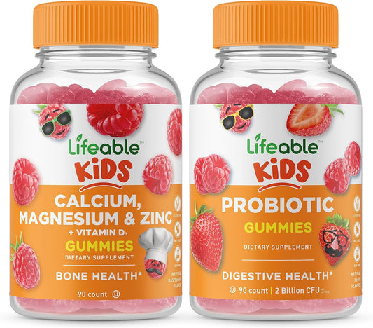 Kids Calcium Magnesium Zinc Probiotic Gummies Bundle - Vitamin Supplement, Chewable, Gluten Free, GMO Free - 2 Billion CFU, Great Taste