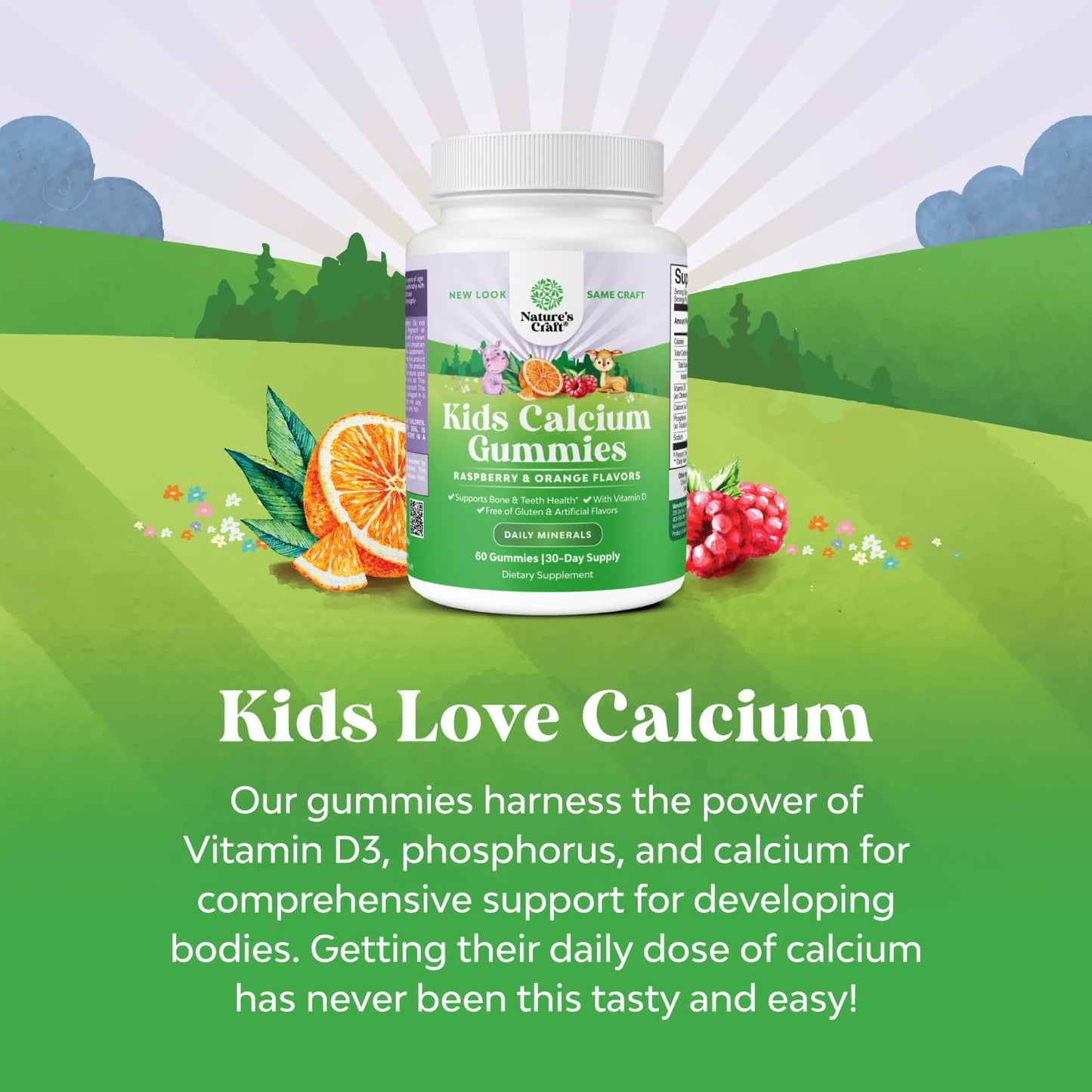 Kids Calcium & Vitamin D Gummies - Gelatin-Free, Kosher Children's Supplement for Muscle & Bone Development - 60ct (2 Pack)