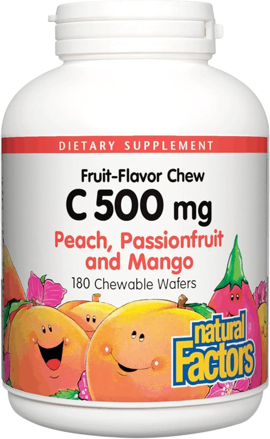 Kids Chewable Vitamin C 500 mg with Natural Flavors - Peach, Passionfruit, Mango - 180 Wafers for Immune Health & Bone Support