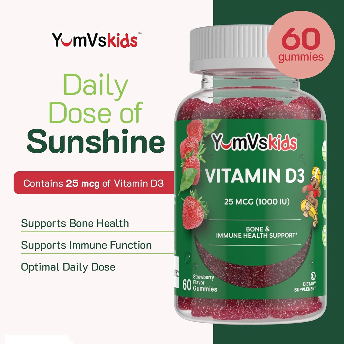 Kids Chewable Vitamin D3 Gummies - 1000 IU - Children's Dietary Supplement for Bone Health & Immune Support - 60 Count - BoostGo Australia