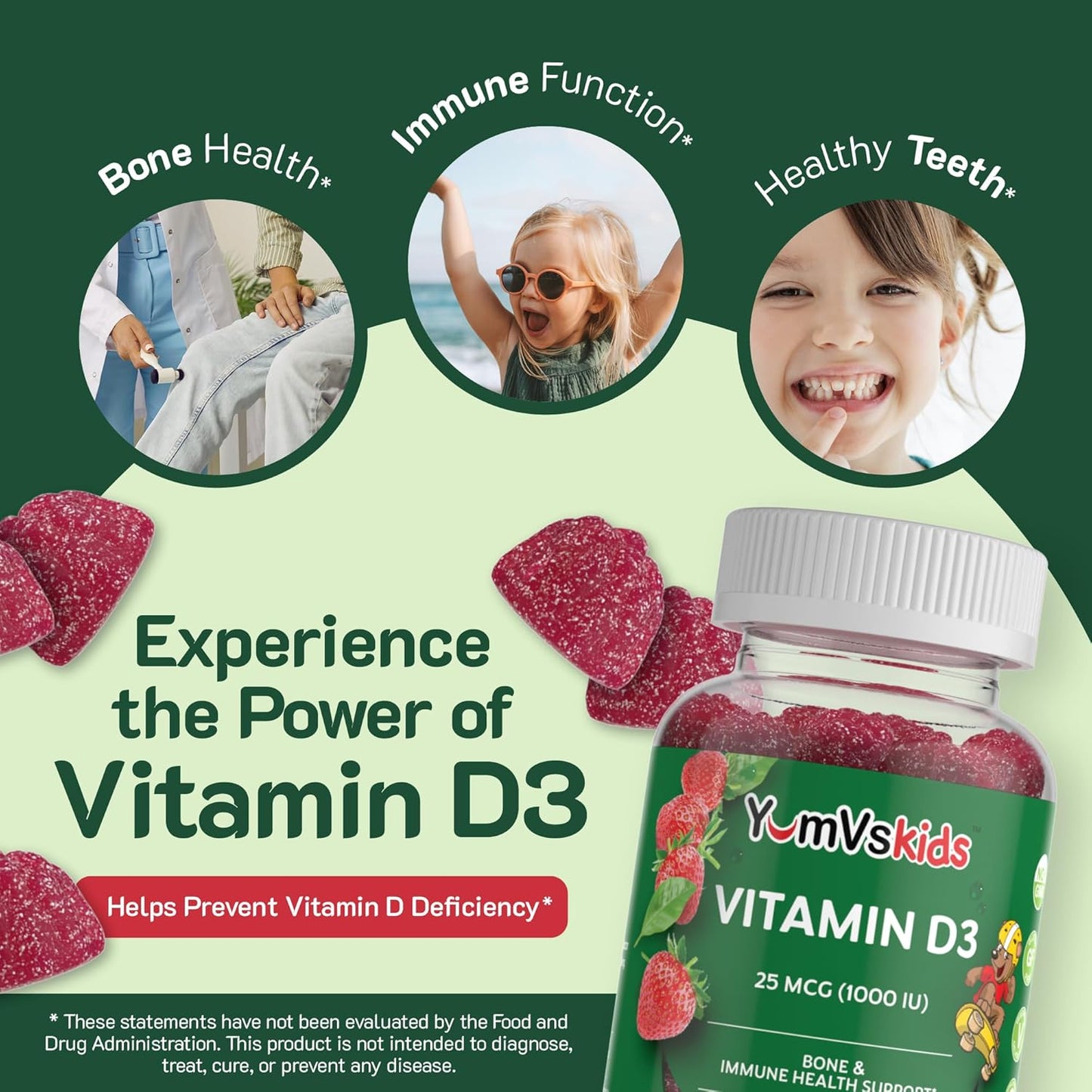 Kids Chewable Vitamin D3 Gummies - 1000 IU - Children's Dietary Supplement for Bone Health & Immune Support - 60 Count - BoostGo Australia