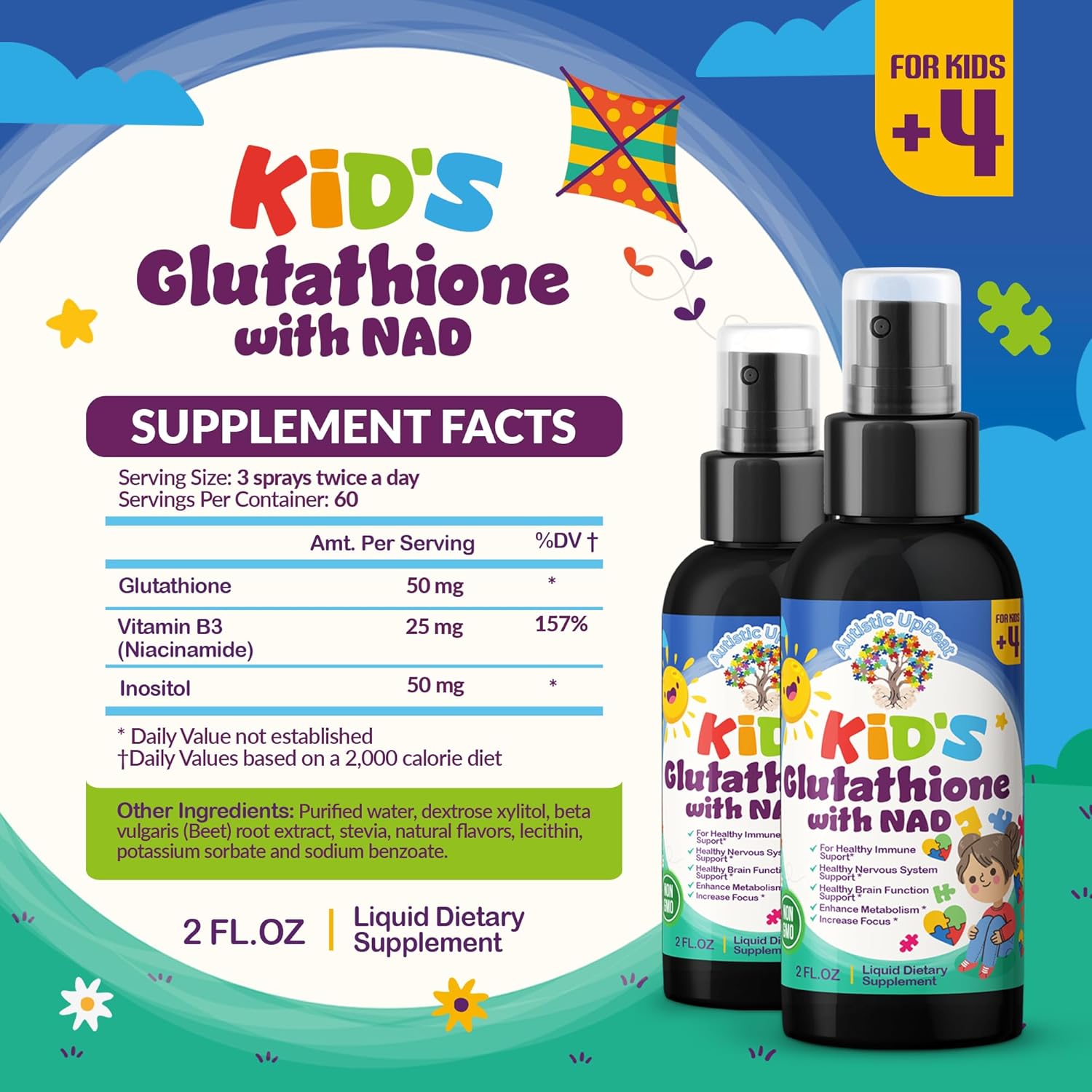 Kid's Glutathione with NAD Spray - 60 Servings for Immune Support, Energy Boost, & Brain Health