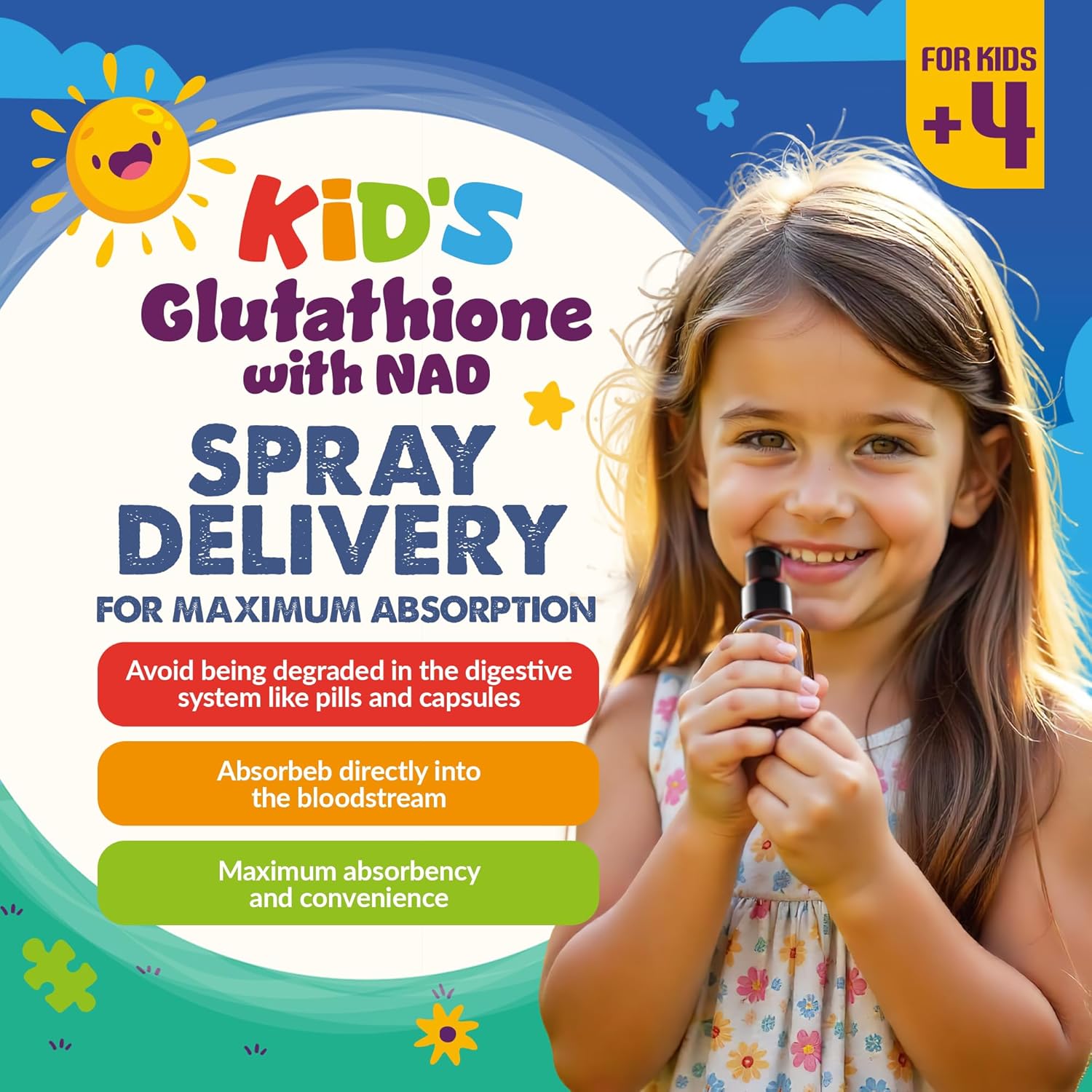 Kid's Glutathione with NAD Spray - 60 Servings for Immune Support, Energy Boost, & Brain Health