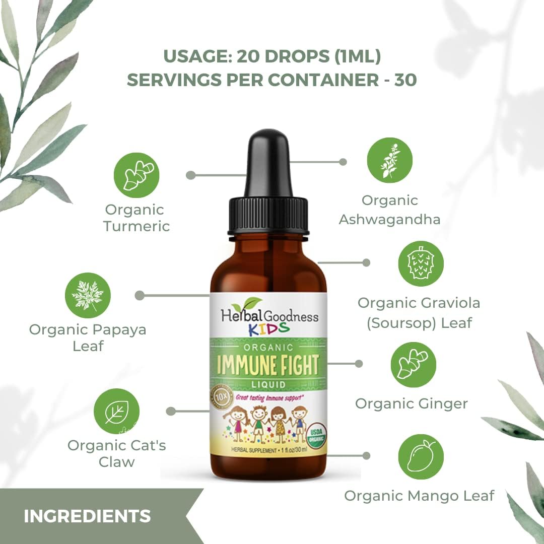 Kids Herbal Immune Support Drops with Ashwagandha & Turmeric - Natural Immune Booster for Kids - Non-GMO & Made in USA