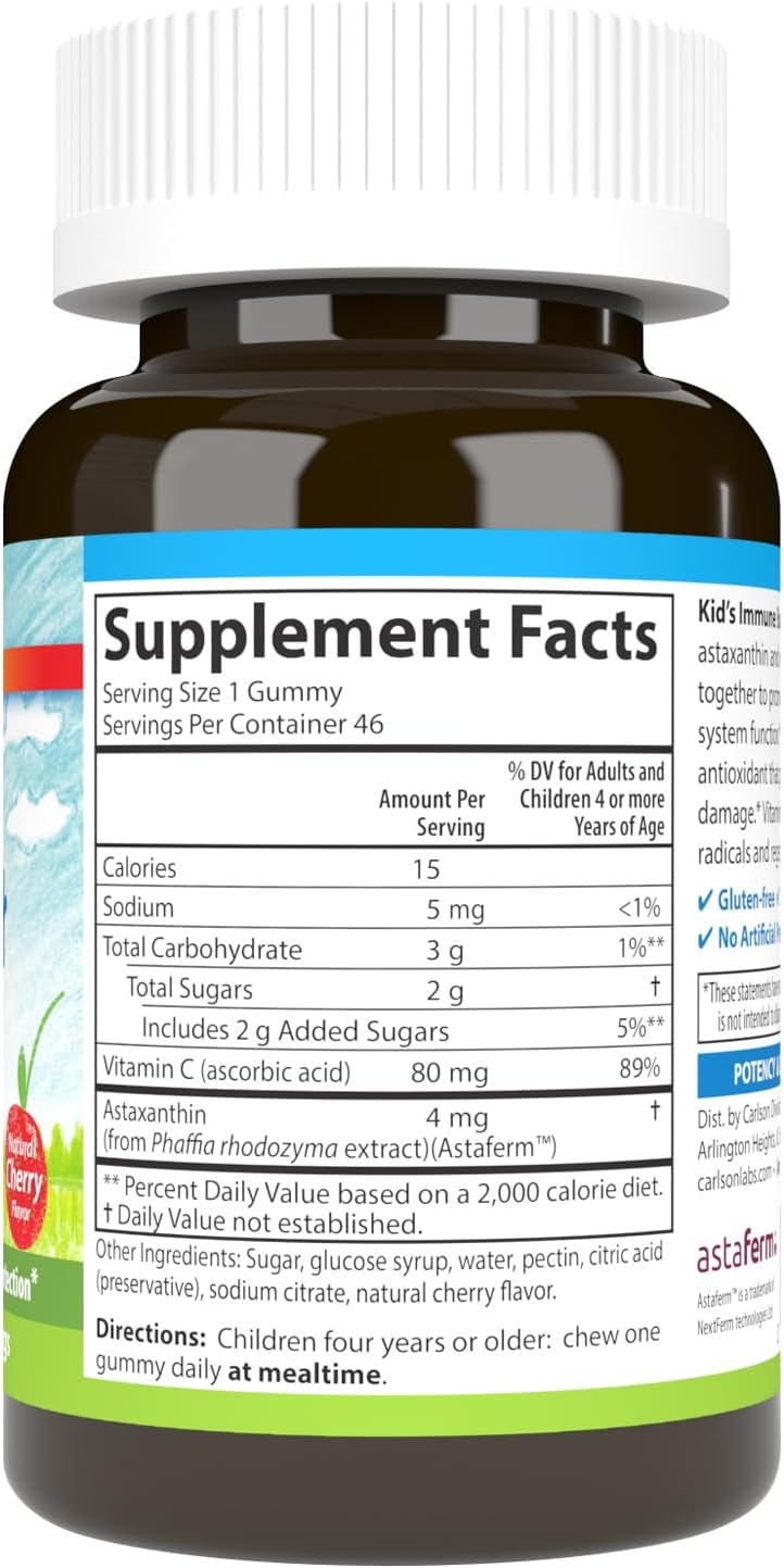 Kid's Immune Support Gummies with Astaxanthin & Vitamin C - Cherry Flavor, Non-GMO, 46 Vegetarian Gummies