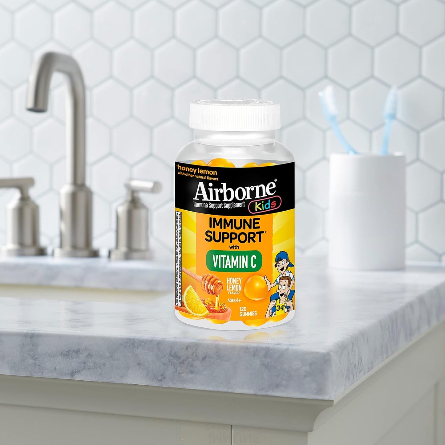 Kids Immune Support Gummies with Vitamin C & Zinc - 120 Honey Lemon Flavored Gummies, Antioxidants Vitamins C & E for Kids