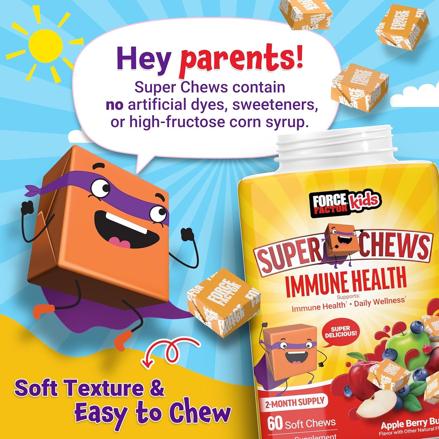 Kids Immune Support Super Chews with Vitamin D, Elderberry, Vitamin C & Zinc - 2 Month Supply, Non-GMO, Apple Berry Flavor, 60 Soft Chews