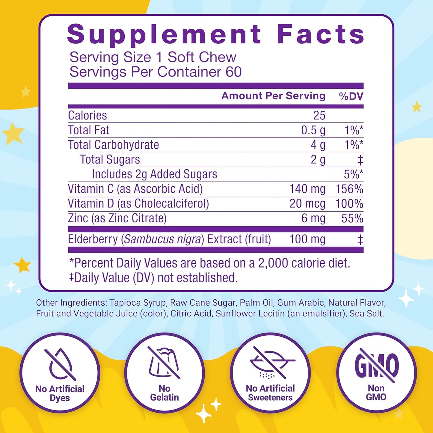 Kids Immune Support Super Chews with Vitamin D, Elderberry, Vitamin C & Zinc - 2 Month Supply, Non-GMO, Apple Berry Flavor, 60 Soft Chews