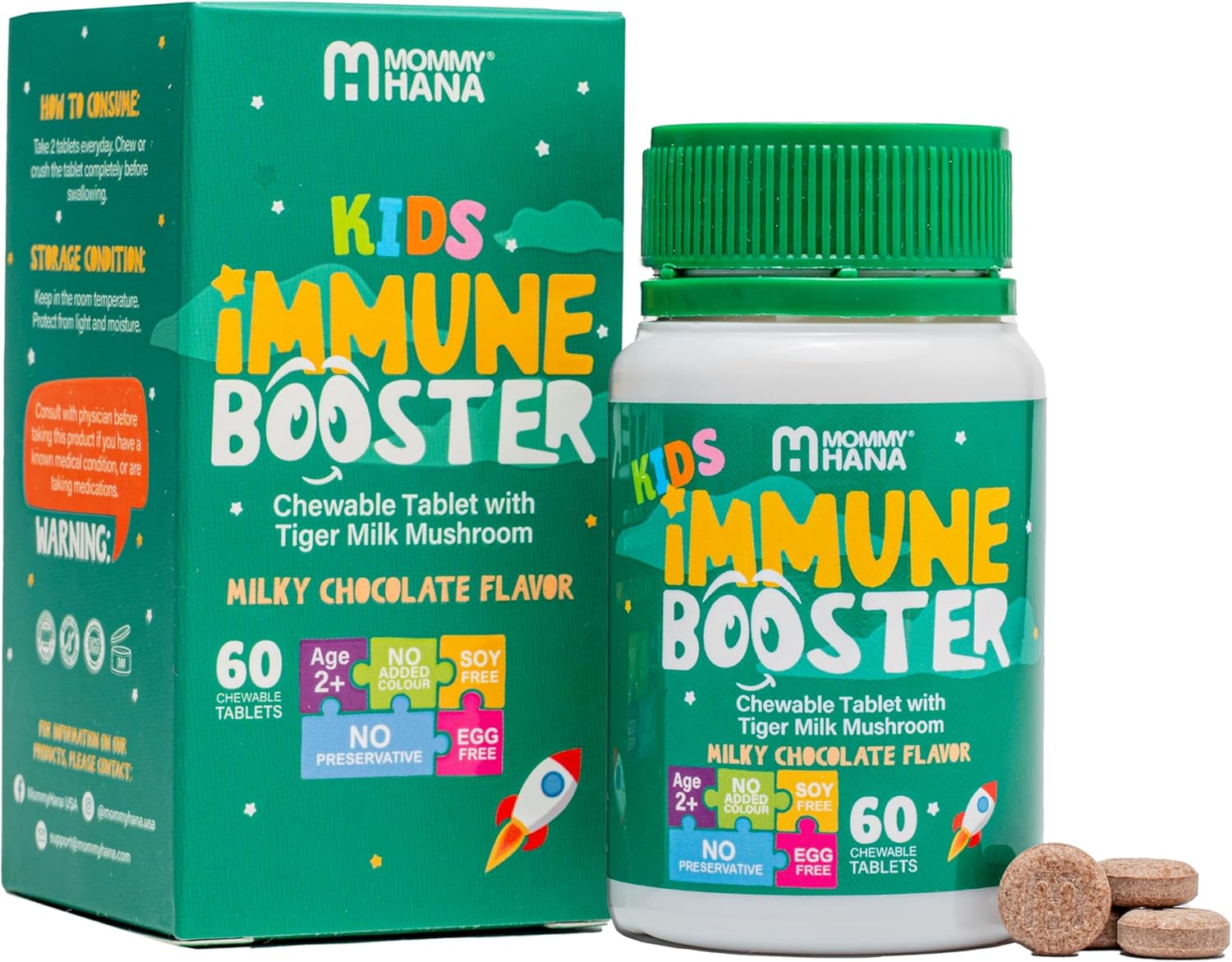 Kids Immune Support Supplement with Vitamin D, Tiger Milk Mushroom, Colostrum, Prebiotic - Boost Gut & Immune System, Natural Respiratory Support - 60 Chocolate Chewables