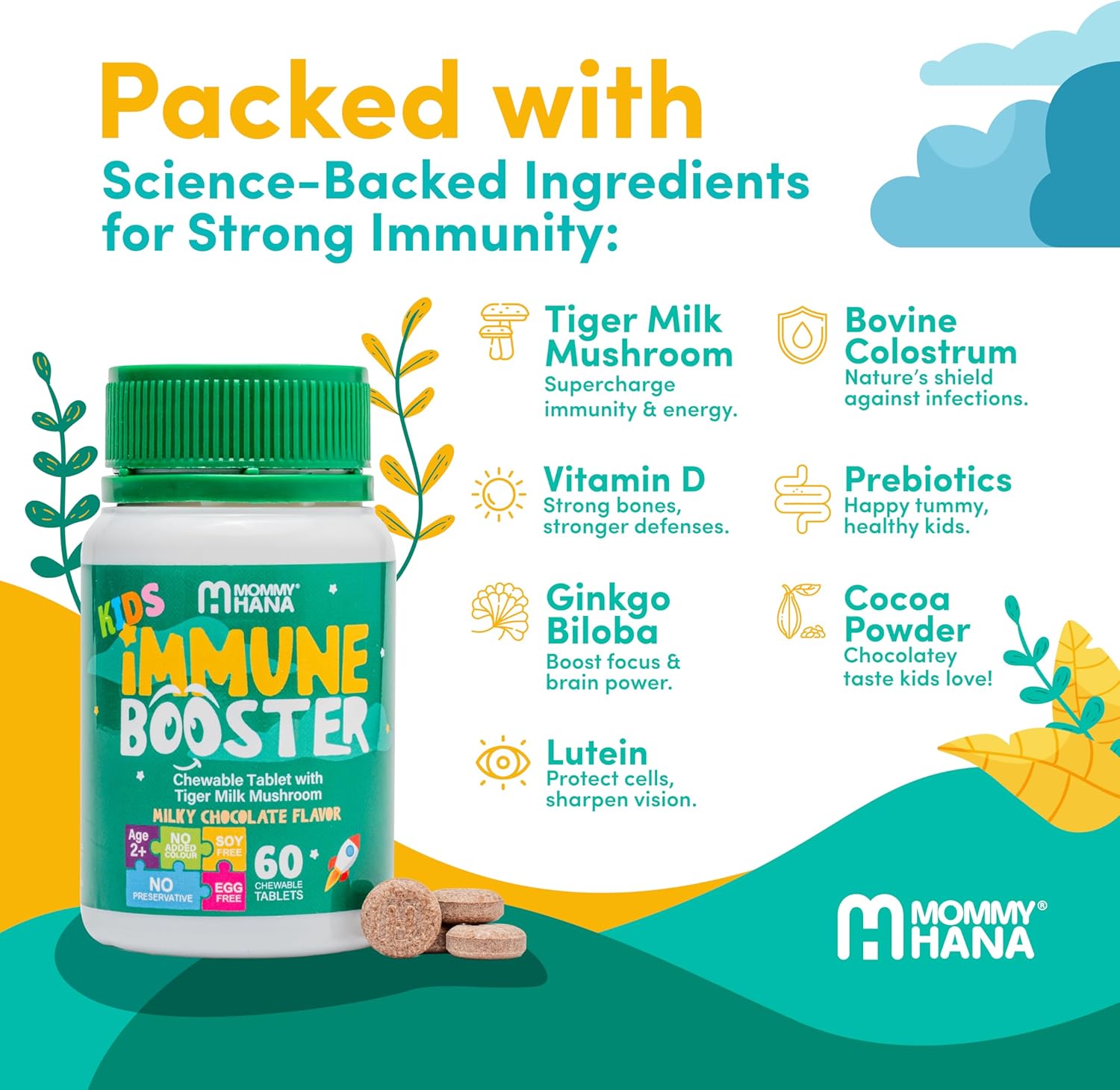 Kids Immune Support Supplement with Vitamin D, Tiger Milk Mushroom, Colostrum, Prebiotic - Boost Gut & Immune System, Natural Respiratory Support - 60 Chocolate Chewables