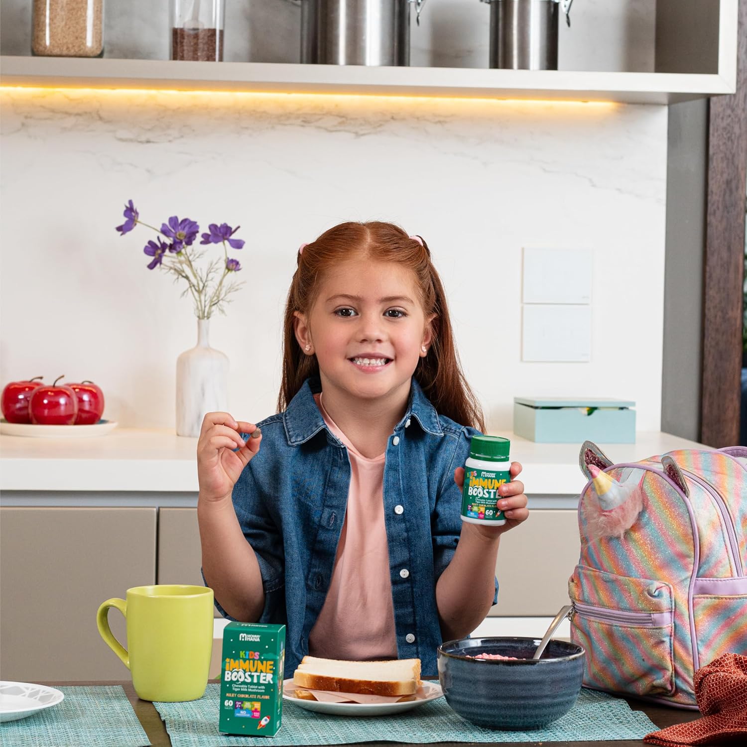 Kids Immune Support Supplement with Vitamin D, Tiger Milk Mushroom, Colostrum, Prebiotic - Boost Gut & Immune System, Natural Respiratory Support - 60 Chocolate Chewables